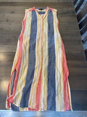 Banana Republic Sleeveless Button-Front Striped Linen dress.Yellow, Blue & Coral